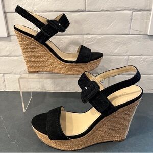 Marc Fisher sz 6 Hipiee black leather platform wedge espadrille